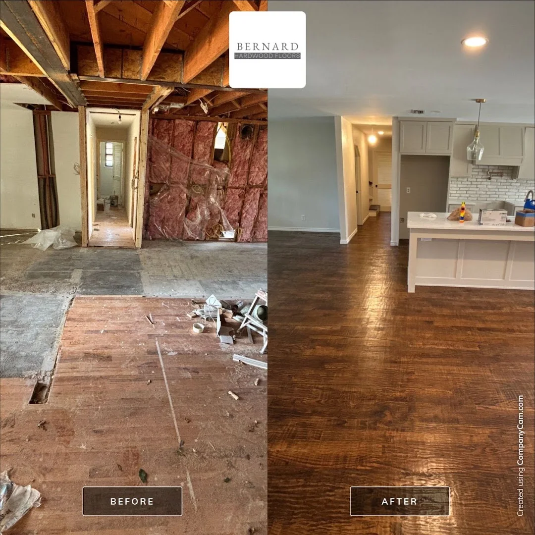 Before and after: a bare subfloor transformed into a finished hardwood floor by Bernard Hardwood Floors