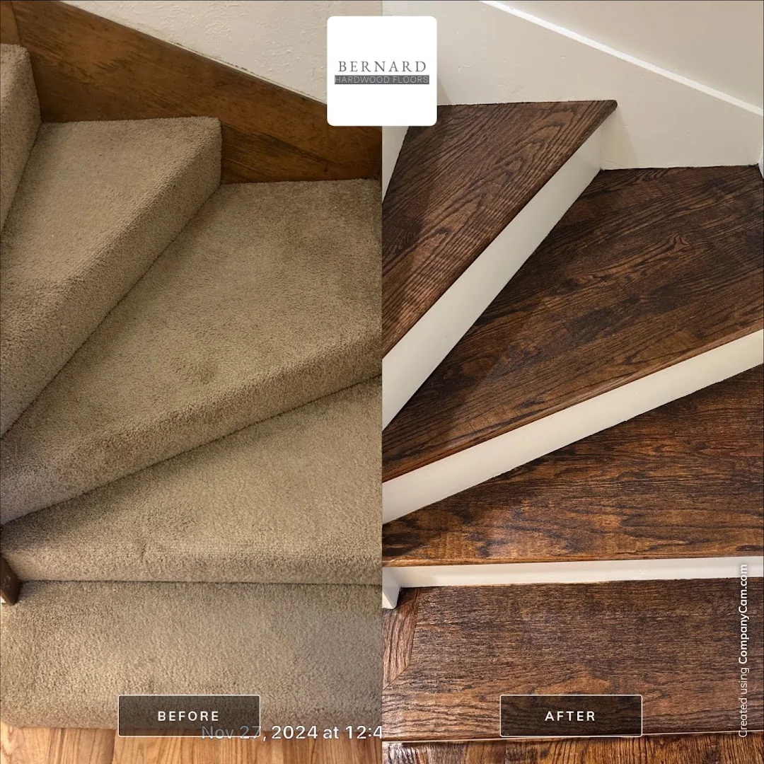 Before and after: a carpeted staircase rebuilt in hardwood by Bernard Hardwood Floors