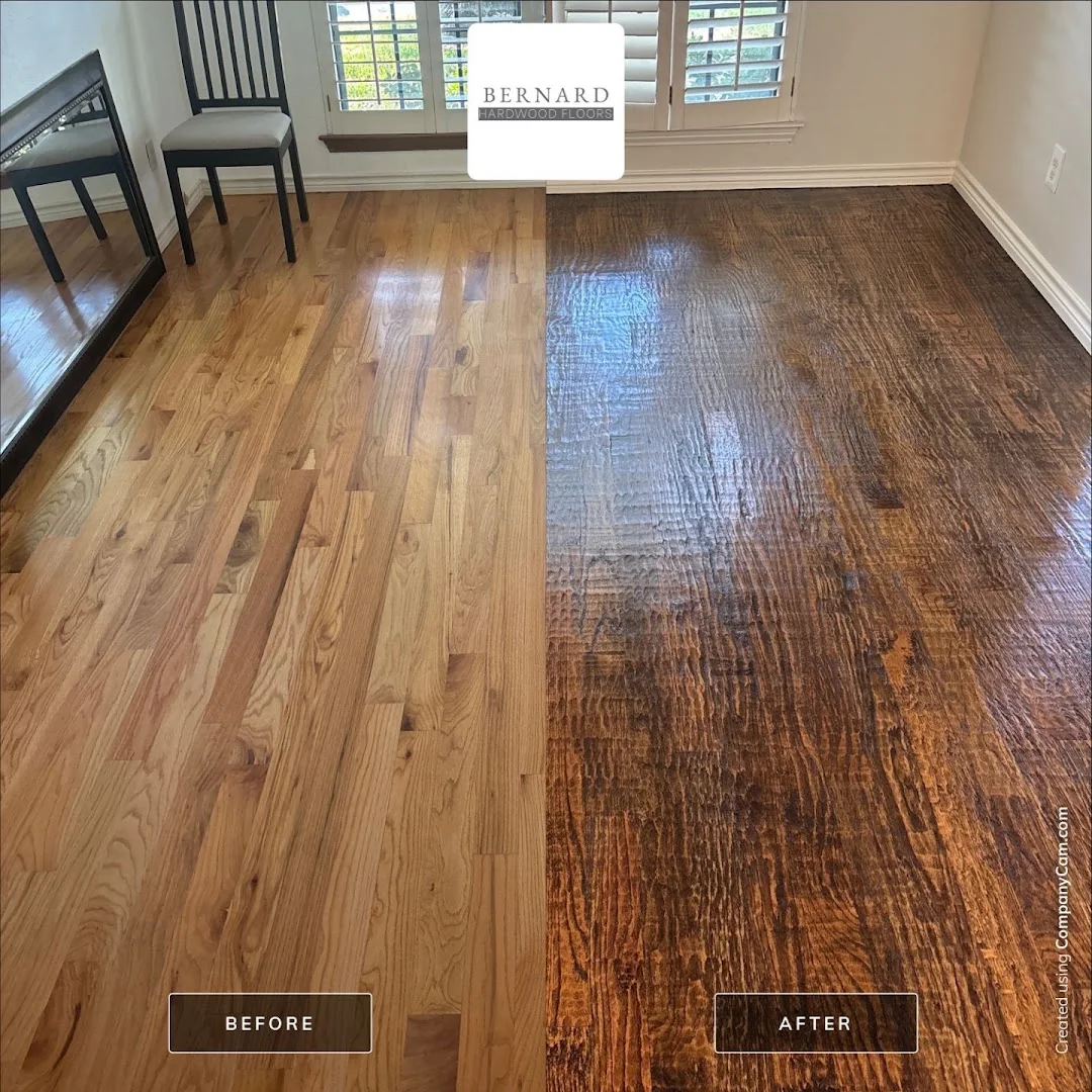 Before and after: a worn hardwood floor sanded and refinished by Bernard Hardwood Floors