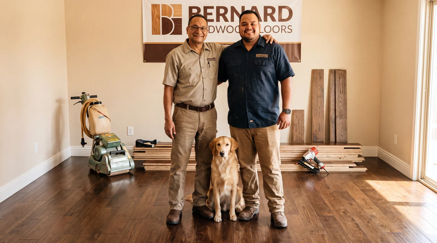 The father-and-son owners of Bernard Hardwood Floors with the family dog on a finished hardwood floor in Irving, Texas
