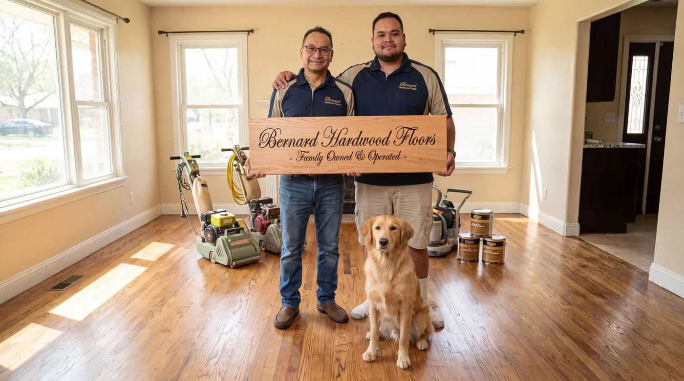 The father-and-son owners of Bernard Hardwood Floors holding their family-owned and operated sign