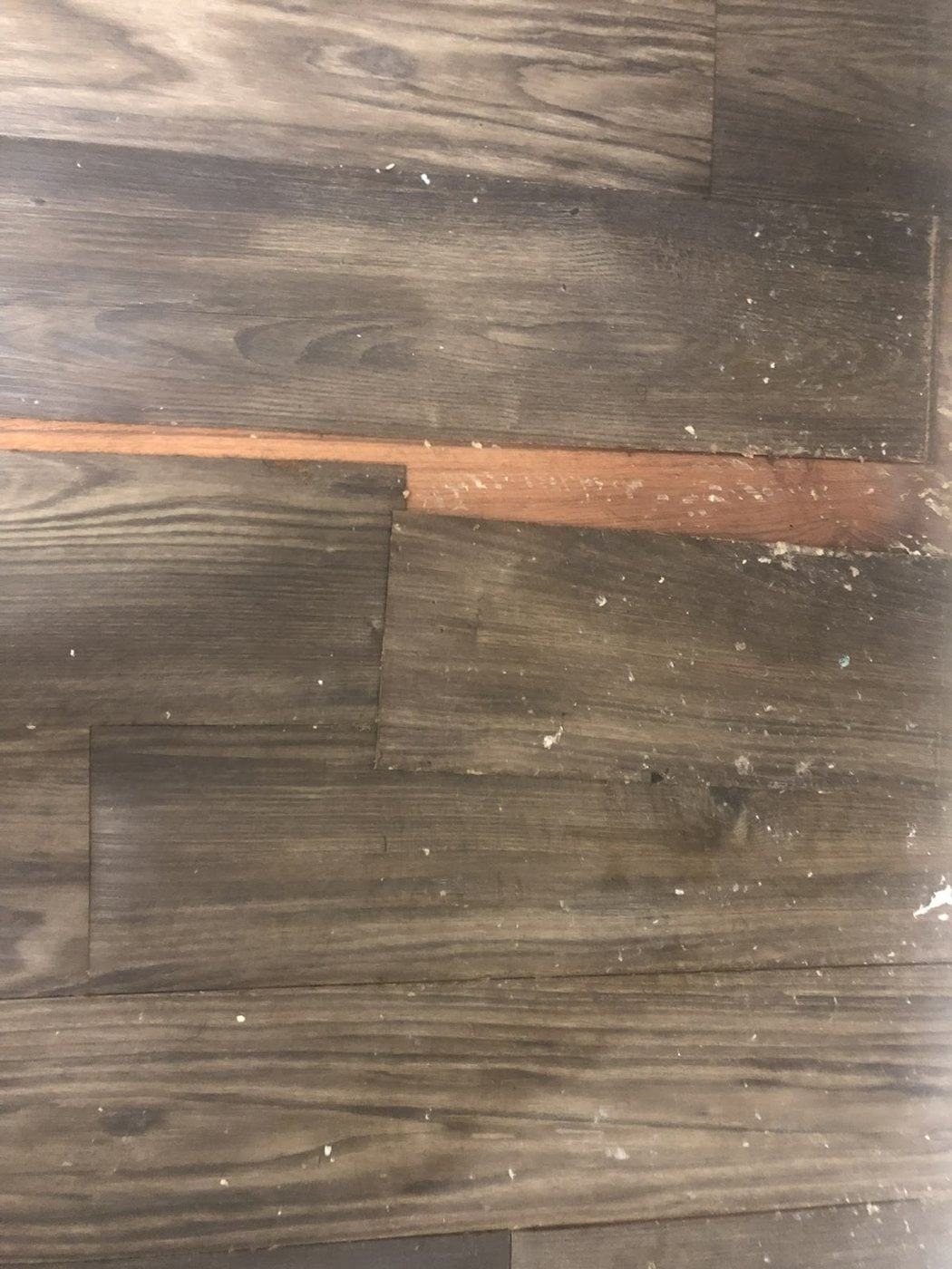 Hardwood floor repair in progress with damaged boards removed